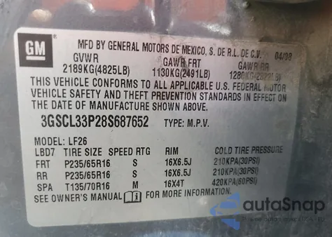 2008 Saturn Vue Xe z USA, uszkodzony, nr VIN 3GSCL33P28S687652